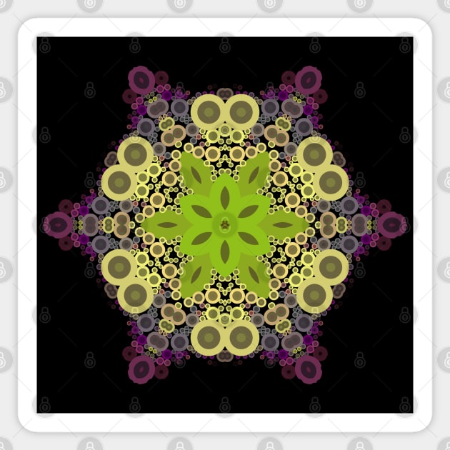 Dot Mandala Flower Green Yellow and Purple Sticker by WormholeOrbital